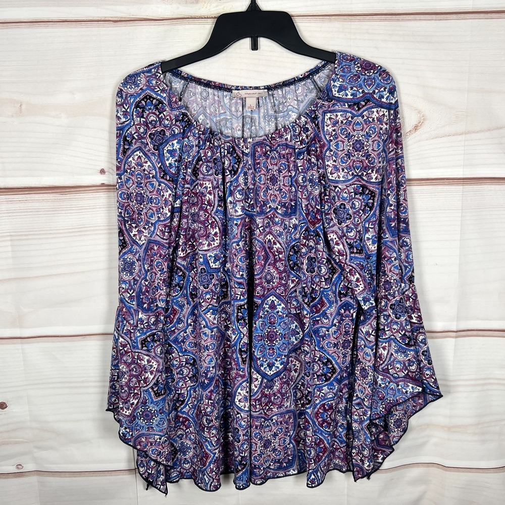 Dressbarn Top Womens‎ Large Purple Paisley Blouse Bell Sleeve Knit Elastic Neck